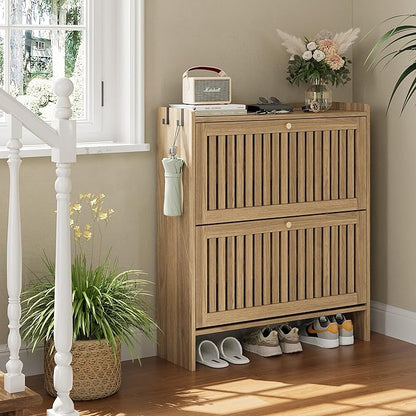 wanan 31.5" Shoe Cabinet with 2 Flip Slatted Drawers, Adjustable & Removable