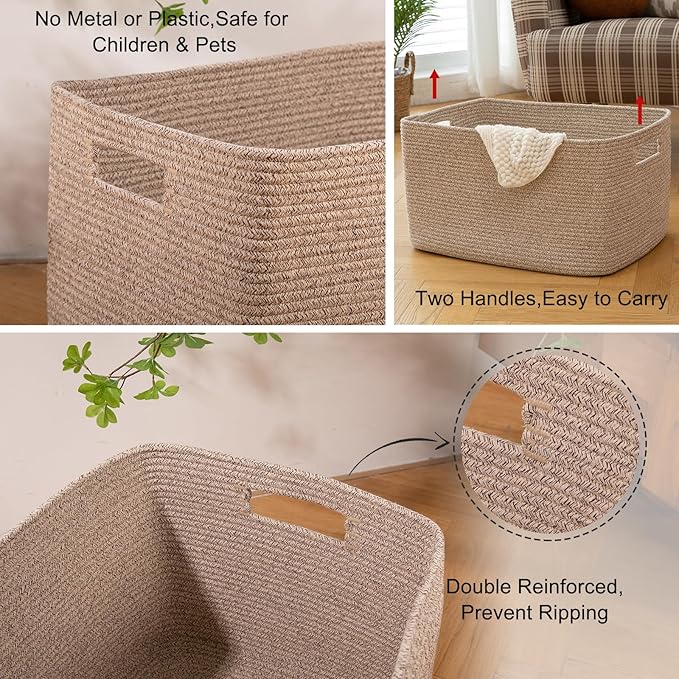 OIAHOMY XXLarge Rectangle Blanket Basket-96L, Cotton Woven Basket for Storage, Dirty Clothes Basket for Living Room, Nursery, Bedroom, Toy Organizing with Handle, 24" x 16" x 15",Brown variegated
