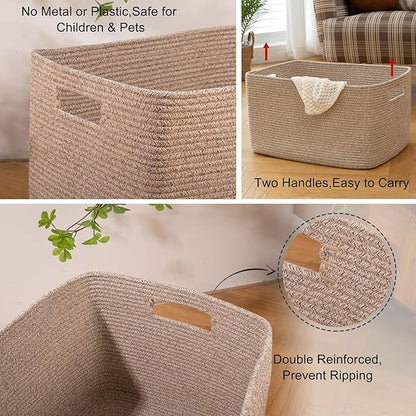 OIAHOMY XXLarge Rectangle Blanket Basket-96L, Cotton Woven Basket for Storage, Dirty Clothes Basket for Living Room, Nursery, Bedroom, Toy Organizing with Handle, 24" x 16" x 15",Brown variegated