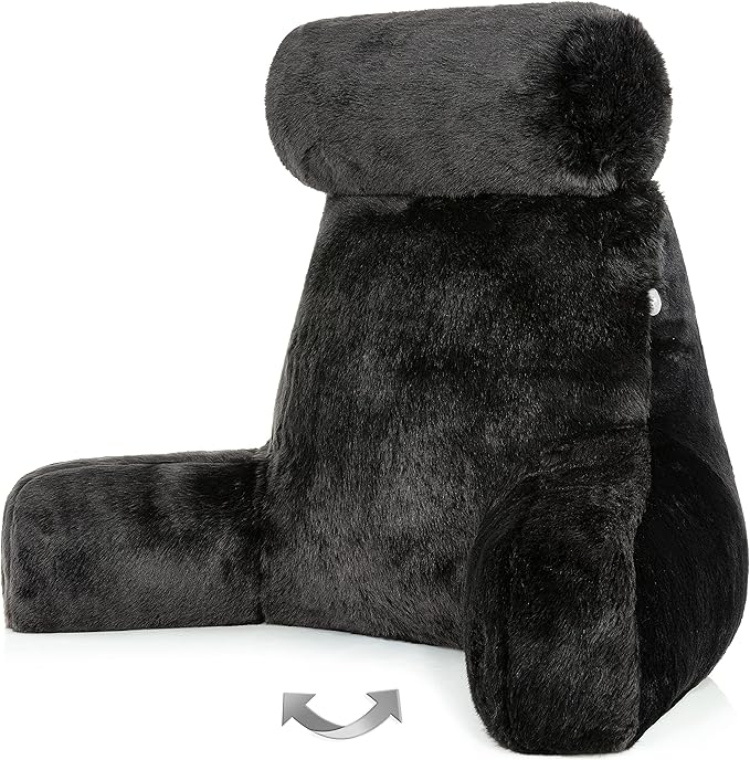 Husband Pillow Medium Limited Baby Black Panther Backrest, 2-Tone Reversible Double Sided Fabulous Faux Fur Reading & Bed Rest Pillow with Arms & Neck Roll, Adjustable Memory Foam - Extremely Comfy
