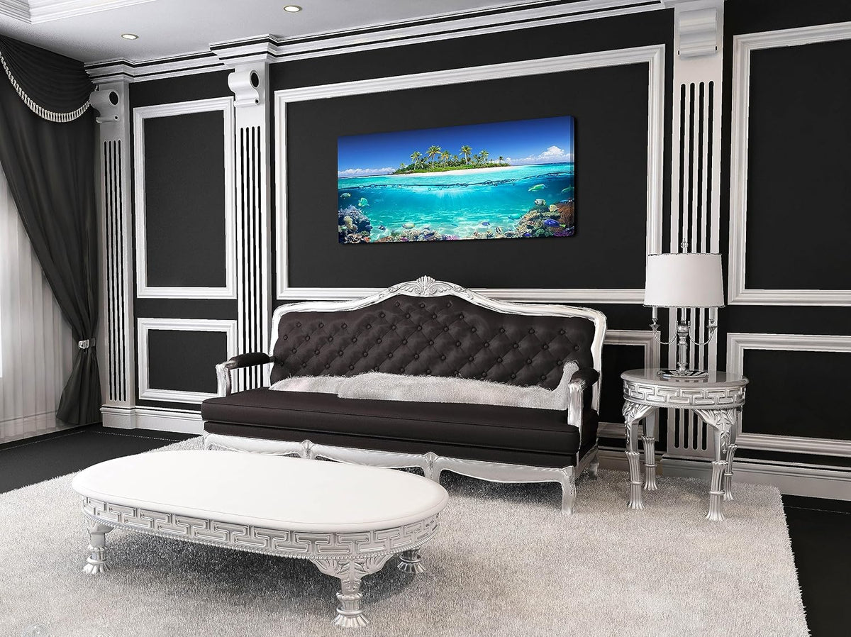 Tropical Island Coral Reef Landscape Canvas Wall Art for Living Room,Unique View Split Waterline Scenery,Beautiful Nature Summer Travel Scenic Picture Print Artwork Painting Decor,Inner Frame 30x60