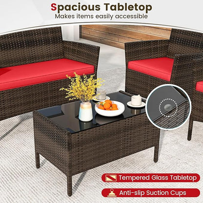 HAPPYGRILL 4 Pieces Outdoor Rattan Conversation Set, Patio Wicker Furniture Set with Loveseat Chairs & Tempered Glass Coffee Table, Outside Sectional Sofa Set for Backyard Garden Poolside, Red