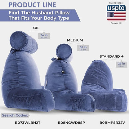 Husband Pillow Medium Dark Blue, Backrest for Kids, Teens, Petite Adults - Reading Pillows with Arms, Adjustable Loft, Plush Memory Foam, Bed Rest Chair Sitting Up, Detach Neck Roll, Removable Cover
