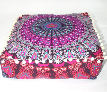 CRAFT KALA Pink Peacock Large Hippie Mandala Meditation Floor Ottoman Pillow Cushion Pouf Cover Square Poufs Bohemian Circle Floor Cushion Case Outdoor Fireplace Living Room Decor Cover 18" Square