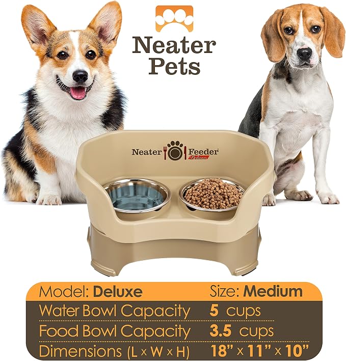 Neater Pet Brands Neater Feeder Deluxe Mess Proof Dog Bowls Elevated for Medium Dogs 19-40 lbs, Made in USA, No Spill Raised Dog Food Bowl Stand Feeding Station, Food and Water Bowl Set, Cappuccino