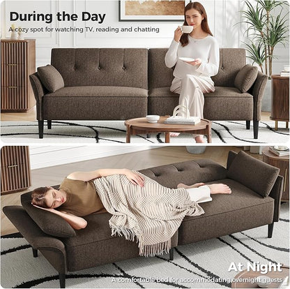 89” Futon Sofa Bed,Comfy Futon Couch Bed with 2 Square Pillows,Convertible Sleeper Sofa with Adjustable Backrest& Armrests, Modern Loveseat Sleeper for Living Room, Bedroom, Linen Brown