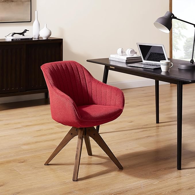 Art Leon Desk Chair No Wheels - Mid Century Modern Office Chair, Swivel Accent Chair with Oak Wood Legs, Fabric Upholstered Arm Chair, Red