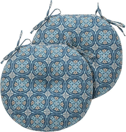 Magpie Fabrics Outdoor Round Bistro Seat Cushions with Ties, 15"x15"x4" Set of 2, Tufted Waterproof Barstool Chair Pads for Patio Home Garden Office, Morgan Medal Print