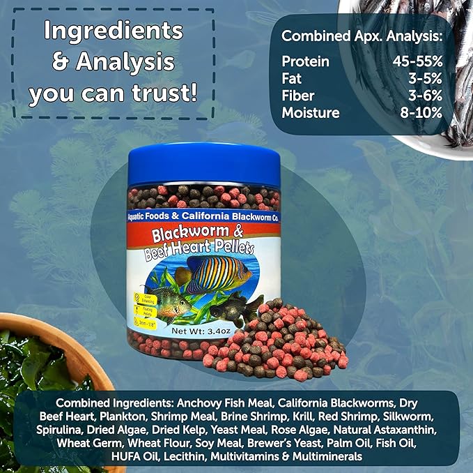 Aquatic Foods Inc. 3mm -1/18" California Blackworm & Beef Heart Floating Pellets for Marines, Cichlids, Tropical Fish, Koi & Pond Fish, 4-Type Wafer & 12-Type Pellet Mix Included 6.75oz Canister