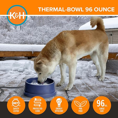 K&H Pet Products Thermal-Bowl Heated Water Bowl for Cats & Dogs Outside, Safety Listed Outdoor Heated Dog Dish for Pets, Automatic No Freeze, Anti Chew Cord - 96 Ounces Blue 25W | Outdoor Water Stays Unfrozen In Winter. Outdoor Heated Dog Dish for Pets...