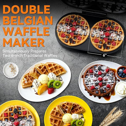 Baker’s Friend Double Belgian Waffle Maker Thick, 2 X 6” Round Waffle Maker