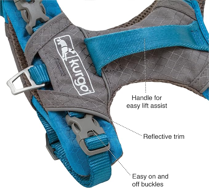 Kurgo Journey Air Dog Harness, Blue, Medium | Padded Chest, Ripstop Outer & Breathable Mesh, Back Assist Handle, Rust-Free Aluminum Hardware, Reflective Trim