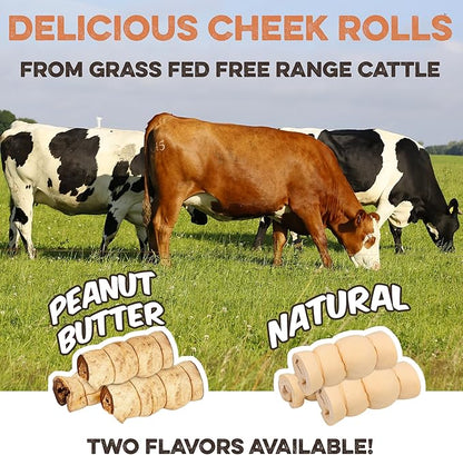 Premium Beef Cheek Rolls for Dogs 10-12" - (5-Pack), Peanut Butter Flavored Long Lasting, Safe & Natural Rawhide Alternative Chews, Ideal for Large Dogs & Aggressive Chewers, Supports Dental Health