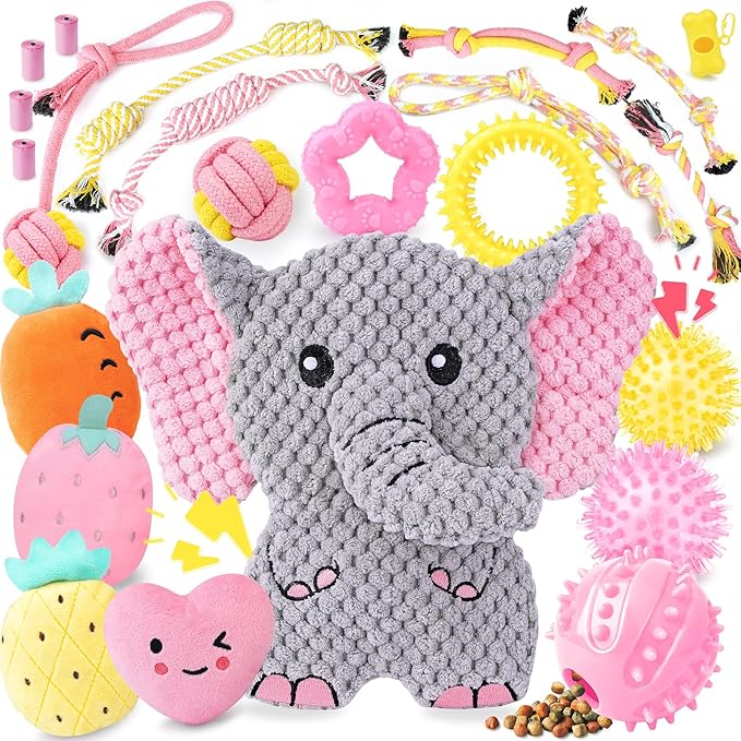 XIUGOAL Pink Puppy Toys for Boredom - 23 Pack Puppy Chew Toys for Teething, Enrichment Dog Toys for Small Dogs with Squeaky Dog Chew Toys, Treat Ball and Ropes