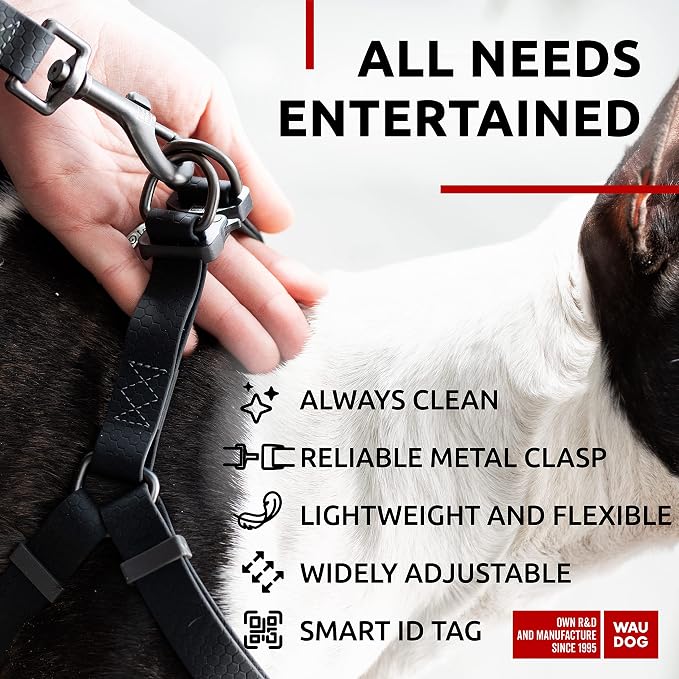 WAUDOG Waterproof Dog Harness - Adjustable for Large, Small and Medium Dogs - Heavy Duty with Durable Metal Clasp and QR Tag - Boy & Girl - Black (20-32in)