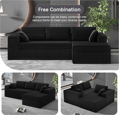luckyvo 108-inch Boneless Couch for Living Room，Comfy Boneless Sofa with Deep Seats & Chaise Lounge, 3-Seat Modular Sofa Memory Foam Sectional Couches - No Assembly Required(Dark Black)
