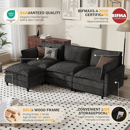 Apicizon 108" Cloud Couch Sectional, L Shaped Cloud Sofa with Side Storage Pocket, Modern Corduroy Sofa Set for Living Room, Office, Black