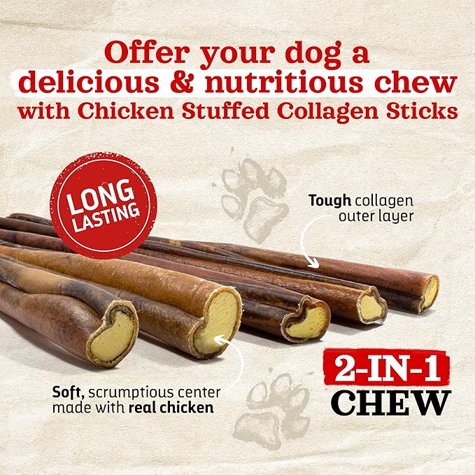 Natural Farm Chicken Stuffed Collagen Chews for Dogs (4-5 Inch, 10 Pack), Rawhide-Free Collagen Sticks, Odor-Free Natural Dog Chews, Long Lasting Treats for Small, Medium Dogs