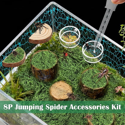Windspeed 8Pcs Jumping Spider Enclosure Stuff Kit with 2 Jumping Spider Enclosure Ledges 2 Tarantula Feeding Dish 1.8 Ounce Fake Moss 1 Dropper 1 Clamp