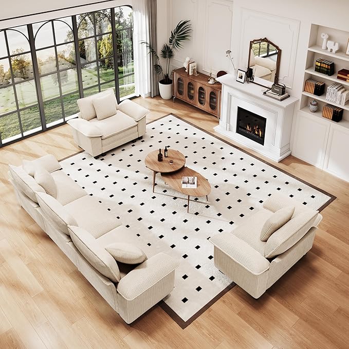 PHI VILLA Cloud Modular Couches Sets, 3 Pieces Large Sectional Sofa Set with Single Sofa, 5-Seater Upholstered Couch for Living Room, Corduroy, Beige