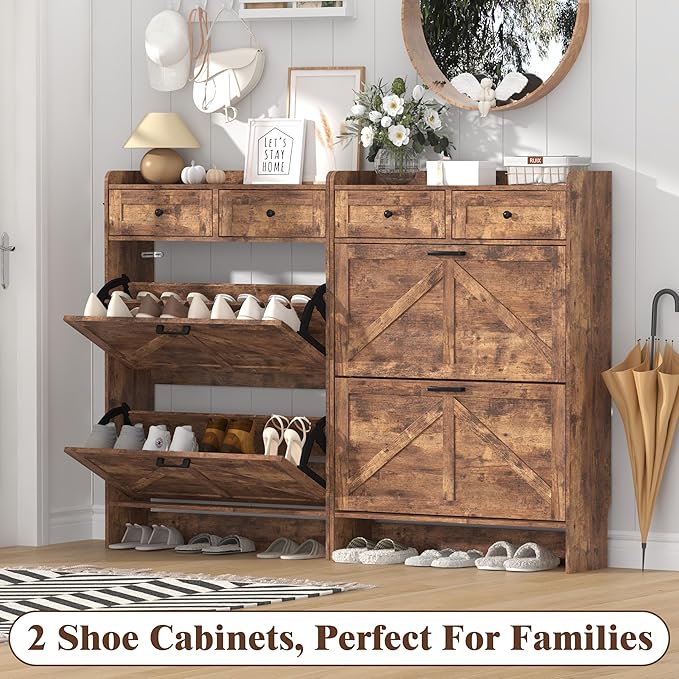 Shoe Cabinet with 2 Flip Drawers & 2 Storage Drawers, Rustic Farmhouse Narrow