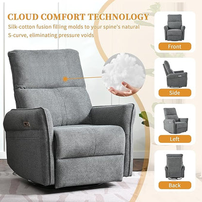 QKFF Power Swivel Rocker Recliner Chair for Nursery, Upholstered Snowflake Velvet 270°Swivel Glider Rocker Chair with USB Ports, Small Power Recliners for Small Spaces Living Room