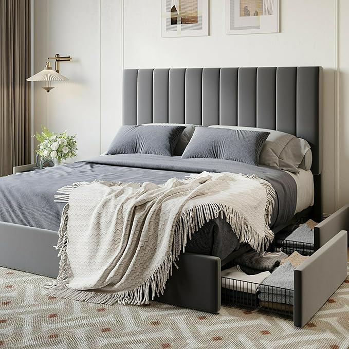 SHA CERLIN Queen Size Platform Bed Frame with 4 Storage Drawers, Vertical Channel Tufted Adjustable Headboard, Velvet Upholstered, Wooden Slats Support, No Box Spring Needed, Easy Assembly, Grey