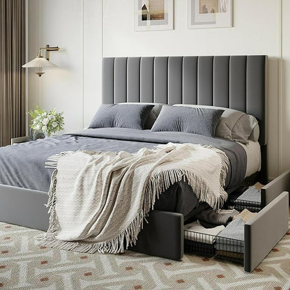 SHA CERLIN Queen Size Platform Bed Frame with 4 Storage Drawers, Vertical Channel Tufted Adjustable Headboard, Velvet Upholstered, Wooden Slats Support, No Box Spring Needed, Easy Assembly, Grey