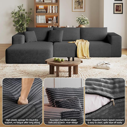 108'' Modular Sectional L-Shaped with Chair,Deep Seat Boneless Corner Couch for Living Room,Plush Corduroy Couch with Detachable Sofa Set,No Assembly(Left Facing Chaise，Gray)