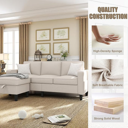 ZeeFu Couch for Living Room - 78'' Beige Linen 3 Seat L-Shaped Sectional Sofa Couches with Storage Ottoman - Modern Small Space Upholstered Furniture Sofa Set for Office Small Space Apartment Bedroom