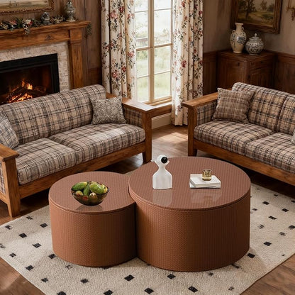 Round Nesting Coffee Table Set of 2, Round Fluted Coffee Tables with Storage for Living Room Leather Veneer Modern Nesting End Side Tables for Small Spaces (A Storage Brown)