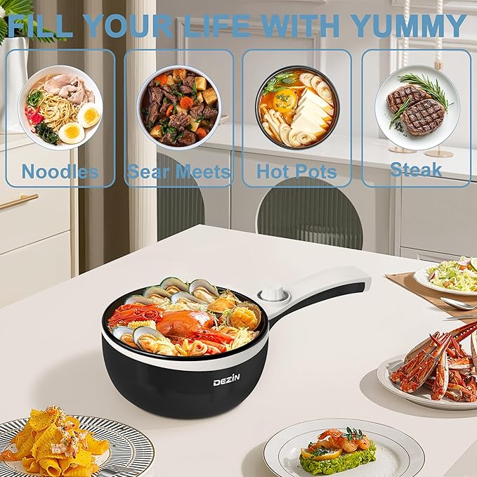 Dezin Hot Pot Electric Upgraded, Non-Stick Sauté Pan, Rapid Noodles Electric Pot