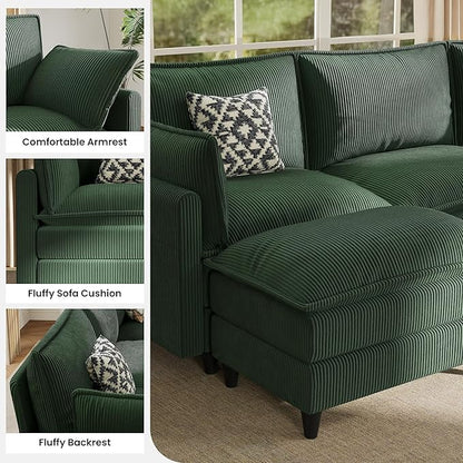 Apicizon 143" Cloud Souch Sectional, 4-Seat Deep Sofa Couch with Ottoman, Modern U Shape Sectional Cloud Sofa Corduroy for Living Room, Apartment, Office, Green
