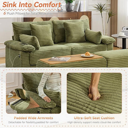 75" Corduroy Loveseat with Storage Ottoman & USB, Cloud Deep Seat Couch with Convertible Ottoman Coffee Table, Double Chaise Lounge for Living Room, Green