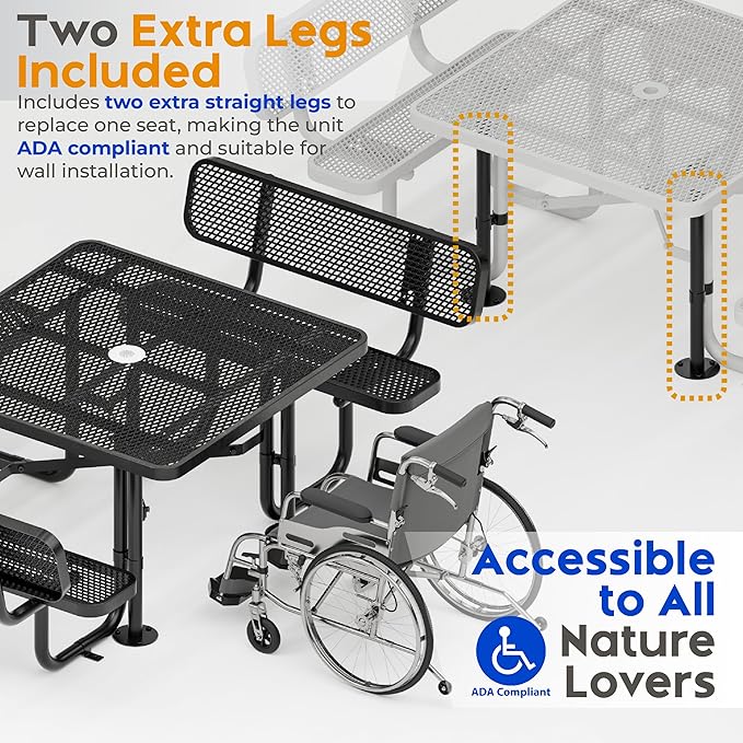 Metal Picnic Tables for Outdoors with Umbrella Hole - Coated Steel Heavy Duty Commercial Grade Furniture with Adjustable Seats (Black, 46 in, Square with Back, Expanded Steel)
