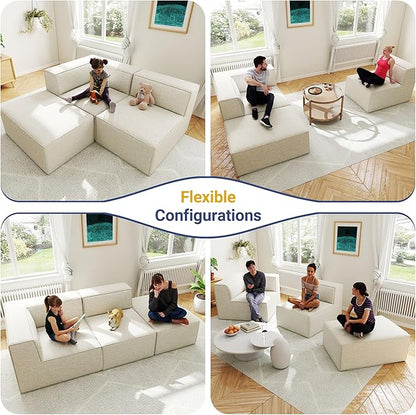 106" Sectional Compressed Sofa Modular Couches,High-Density Foam No Assembly Required,3-Piece(1xCorner 1xArmless 1xOttoman) for Living Room, Chenille Beige White