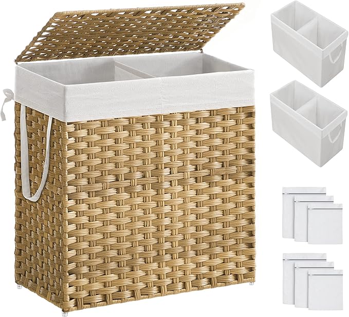SONGMICS Laundry Hamper with Lid, 110L Clothes Hamper with 2 Removable Liner Bags, 6 Mesh Bags, Wicker Laundry Basket, Double Laundry Hamper for Bathroom, 13 x 22.4 x 23.6 Inches, Natural ULCB52NL