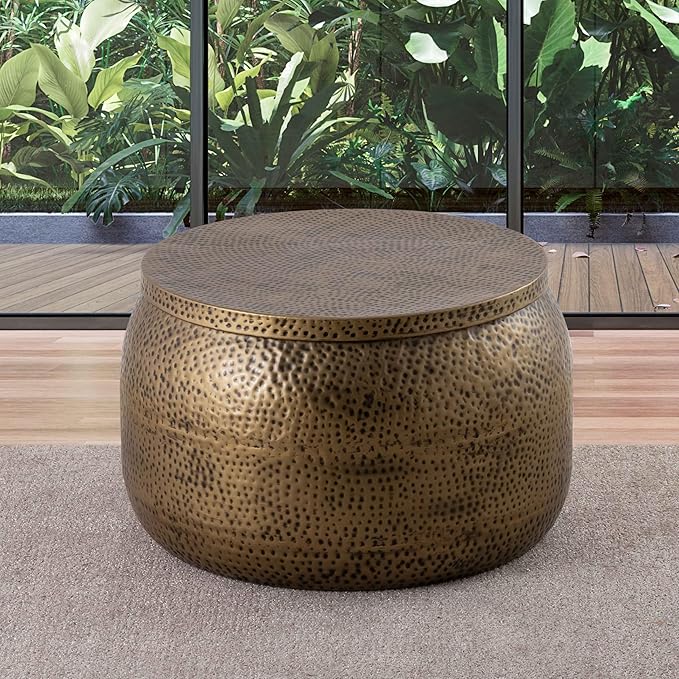 Albany Living Modern Round Aluminum Hammered Embossed Texturing, Metal Drum Coffee Table with Removable Lid for Storage,Fully Assembled, for The Living Room and Bedroom, Brass