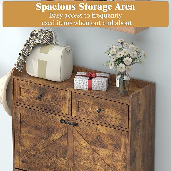 Shoe Cabinet with 3 Flip Drawers & 2 Storage Drawers, Rustic Farmhouse Narrow