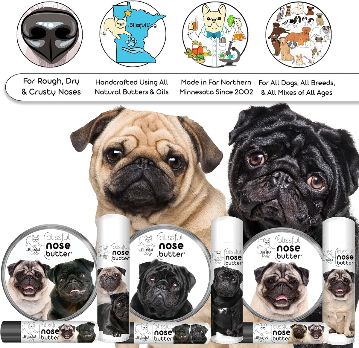 The Blissful Dog Black Pug Nose Butter for Dry, Cracked Skin, Lick-Safe Dog Nose Balm with Moisturizing Shea Butter, Almond, Olive, and Essential Oils, Pet Supplies, Uncented, 0.50 oz.