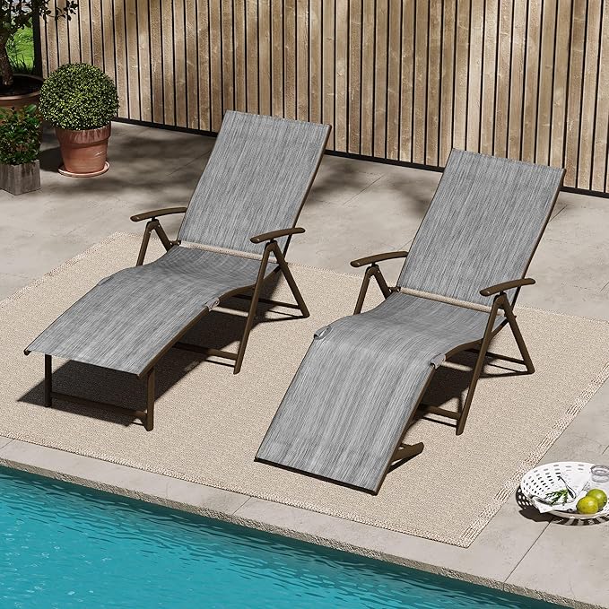 VredHom 2PCS Patio Chaise Lounge Outdoor Folding Adjustable Lounge Chair Recliner with 8 Adjustable Backrest Positions for Pool Beach Yard, Dark Gray Textliene and Brown Aluminum Frame