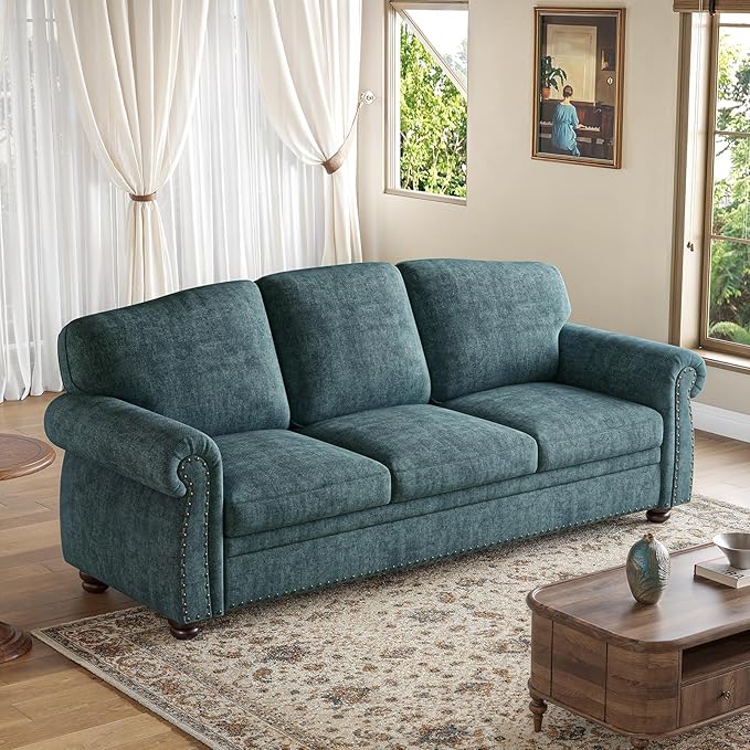 ONBRILL 90 Inch Nailhead Trim Couch for Living Room, 23 Inch Deep Seat Rolled Arm Sofa, Comfy Upholstered 3 Seater Chenille Couch w/Wooden Leg, Large Traditional Sofa for Farmhouse, Teal