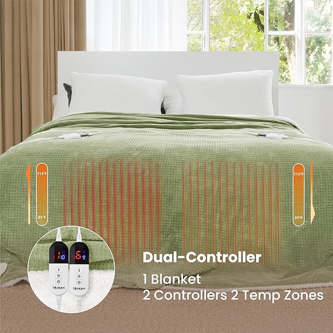 Heated Blanket Electric Blanket King Waffle, 90x100 Inches Dual Controllers