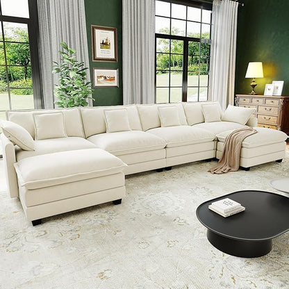 146" Cloud Couch Sectional, U Shaped Modular Sectional Sofa, 4-Seat Deep Seat Couch with 6 Removable Washable Pillows and 2 Ottoman for Living Room, Bedroom, Apartment, Beige