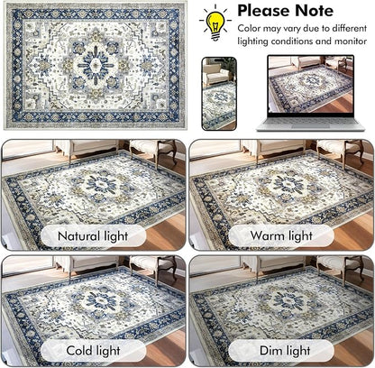 Machine Washable Area Rug 8x10 - Large for Living Room Vintage Oriental Soft Rugs, Low Pile Thin Floor Carpet with Non Slip Backing for Bedroom, Dorm, Under Dining Room Table, Indoor House, Office