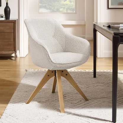 Art Leon Swivel Accent Chair - Mid Century Modern Desk Chair No Wheels, Boucle Fabric Upholstered Armchair with Natural Oak Wood Lges, White