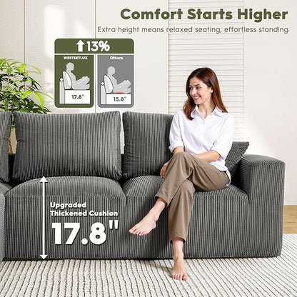 WESTSETLUX 108” Cloud Sectional Sofa Couch with High-Seat, Corduroy Modular Sofa with Oversized Chaise, High-Back Modern L-Shaped Couches for Living Room, No Assembly Required (Grey)
