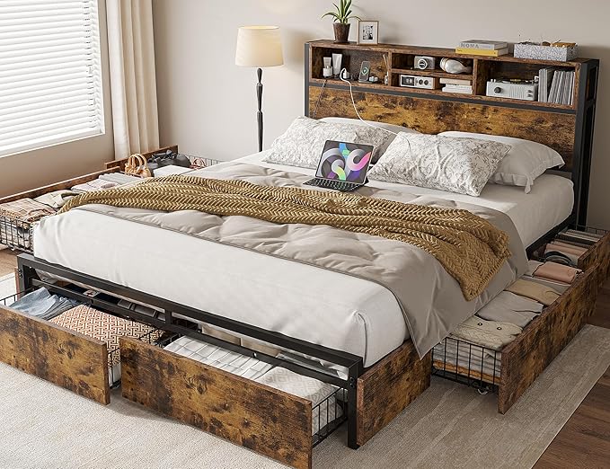 EnHomee Full Size Bed Frame with 6 Storage Drawers Full Bed Frame with Headboard, with Charging Station, No Noise, No Box Springs Needed, Vintage Brown