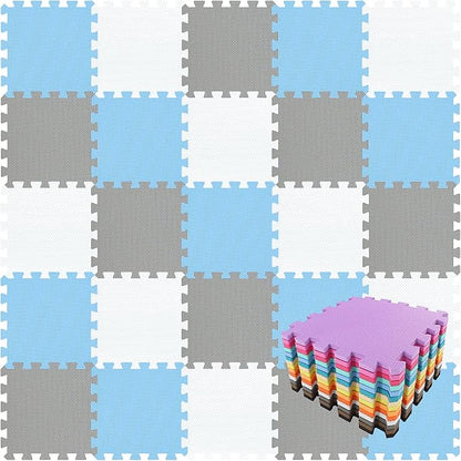 qqpp EVA Rubber 18 Tiles Interlocking Puzzle Foam Floor Mats - Baby Play Mat for Playing | Exercise Mat for Home Workout. White, Blue, Gray. QC-AGLb18N