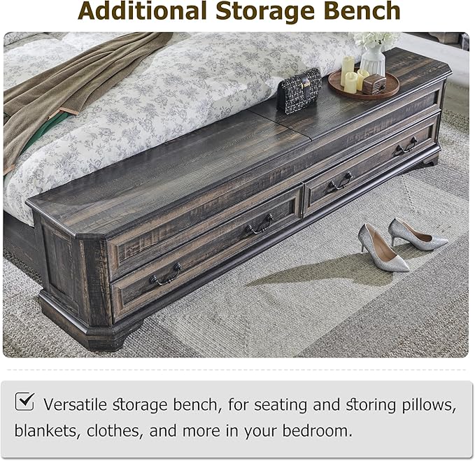 T4TREAM Farmhouse Queen Bed with Headboard and Storage Bench, Rustic Wood Platform Bed with 64" Storage Chest w/ 4 Large Drawer, Dark Rustic Oak